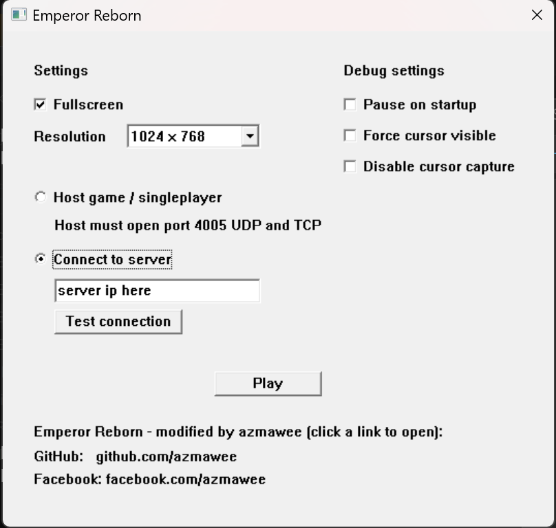 Emperor Reborn launcher interface showing resolution selection